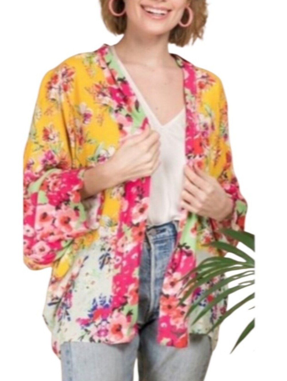 Anthropologie Akemi+Kin Floral Yellow And Pink Open Kimono Cardigan-NWT